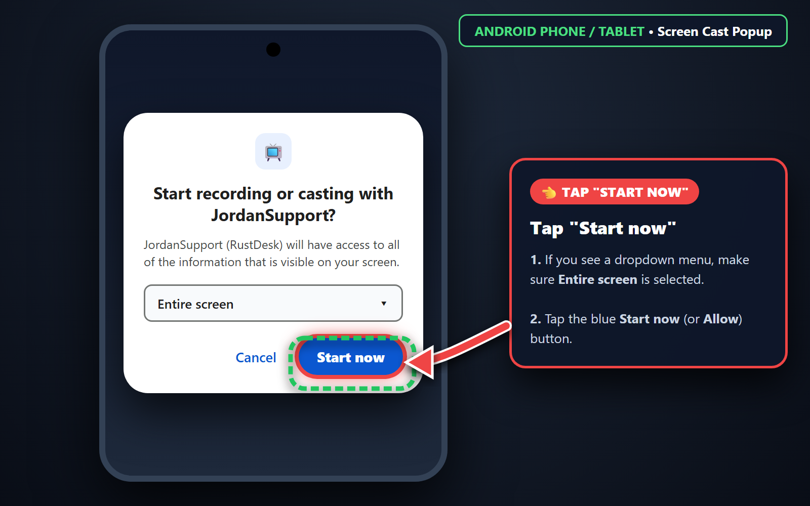 Real Android Screen Cast popup screenshot pointing to Start now button
