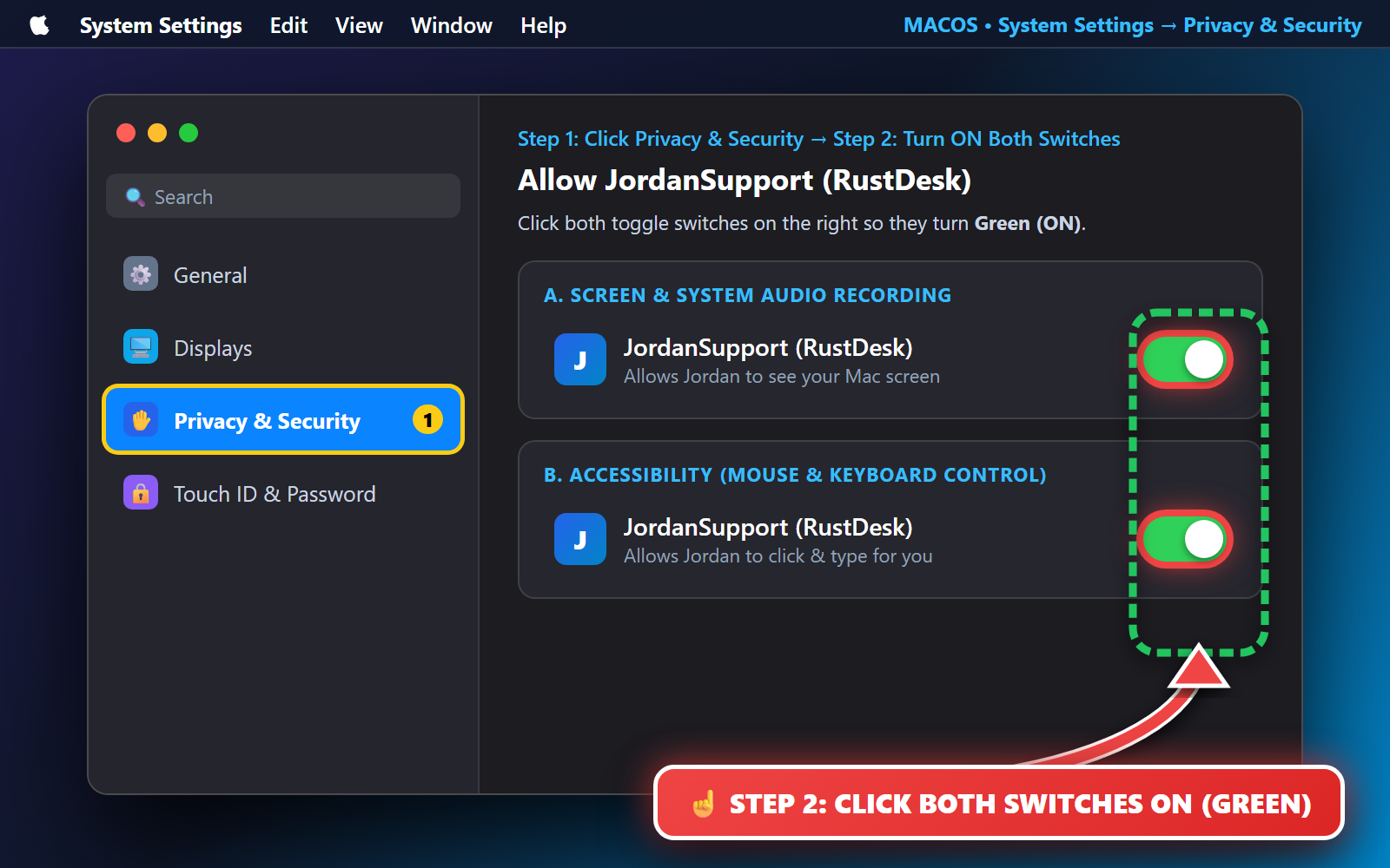 Real macOS System Settings screenshot pointing to Screen Recording and Accessibility switches